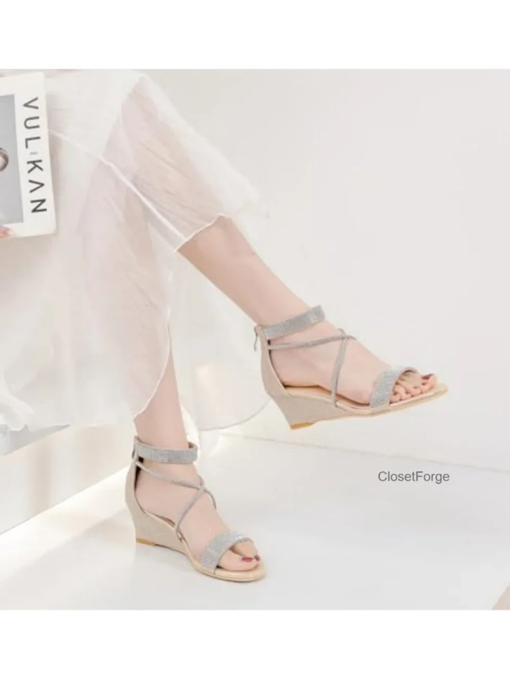 Women Low Wedge Heel Sandals Open Toe Rhinestone Ankle Strap Party